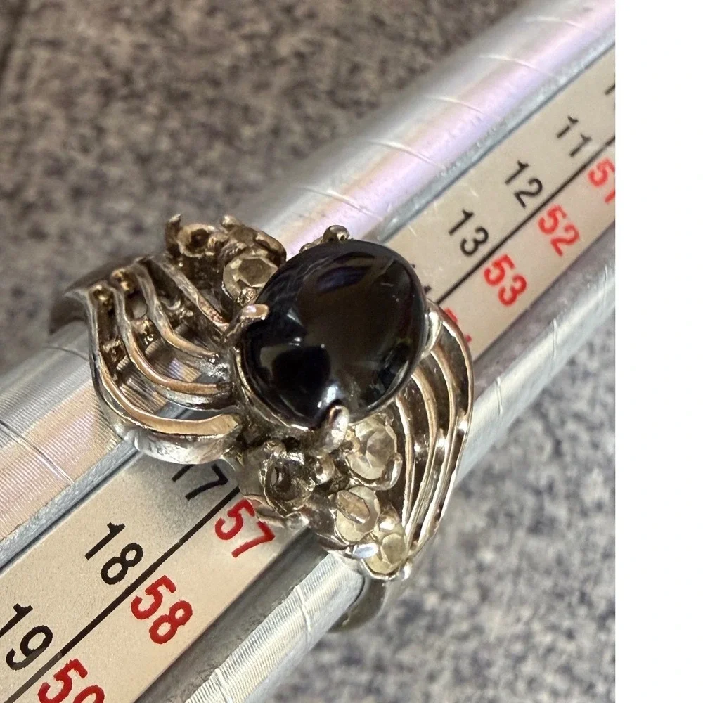 Vintage 14Kt ge silver tone Black cabochon Bypass Ring‎ Size 7.5 Flaws